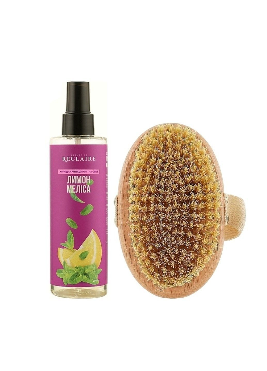 Холодний антицелюлітний масажний набір Олія+Міні-щітка Reclaire cosmetics (371798070)