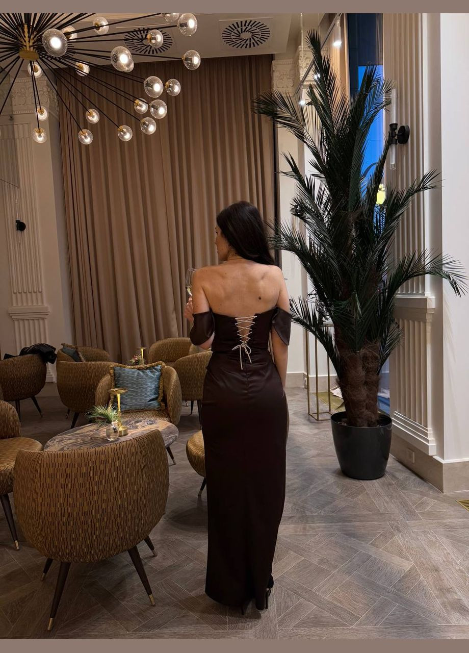 Коричнева святковий, коктейльна, вечірня корсетна сукня з відкритими плечима, з корсетом Україна