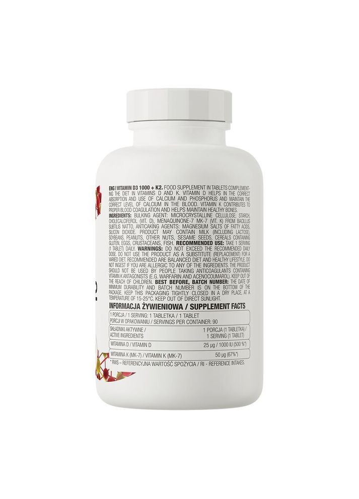 Витамины и минералы Vitamin D3 1000+K2, 90 таблеток Ostrovit (322209982)