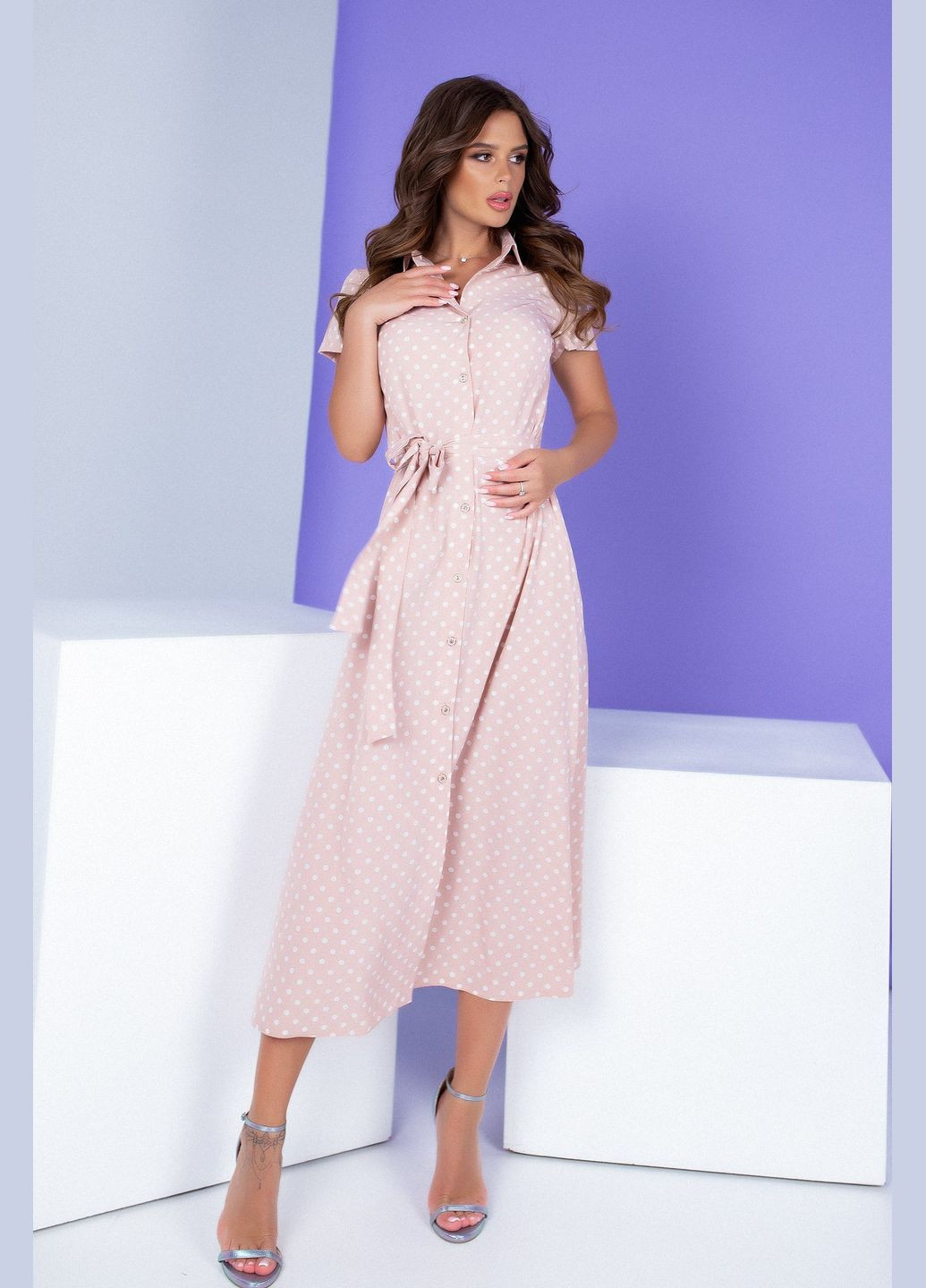 Пудрова святковий, коктейльна, ділова, повсякденний, кежуал стильна сукня на гудзиках у горошок сукня-сорочка No Brand в горошок