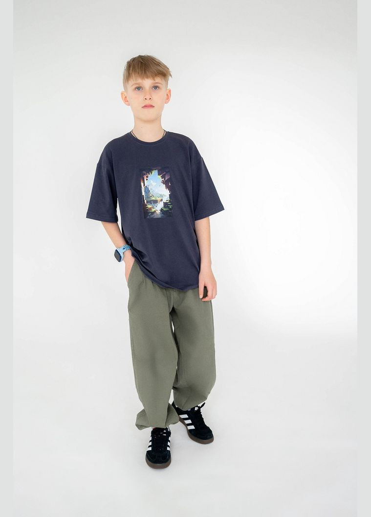 Графитовая демисезонная футболка для мальчиков "oversize" 03-2952-83н 152 см темно-бирюзовый Авекстекс