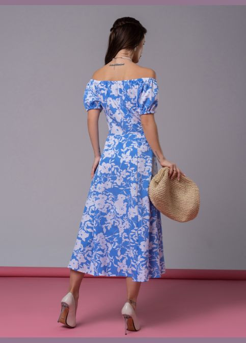 Голубое платье с открытыми плечами No Brand с цветочным принтом