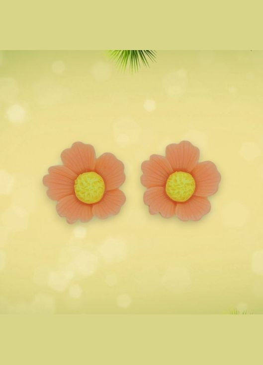 Серьги клипсы детские для ушей без пробивания цветок Мальва с оранжевыми лепестками и желтой тычинкой Liresmina Jewelry (314693030)