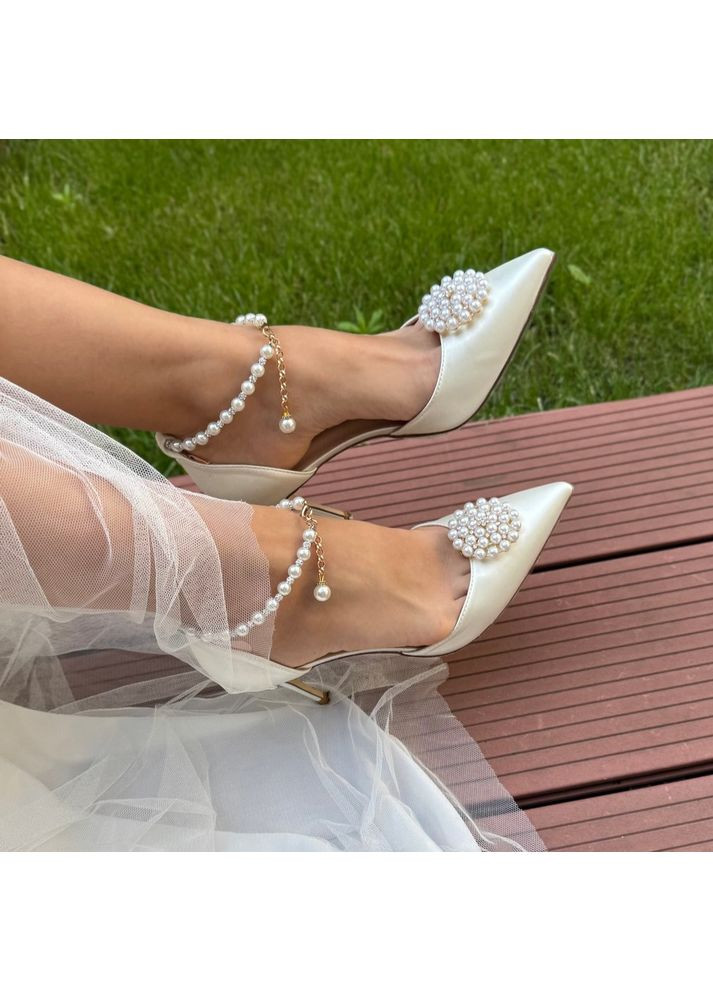 No Brand Женские туфли свадебные атласные и ремешком жемчуг и брошью 7,5 см. белый з текстиль, — (351394398)
