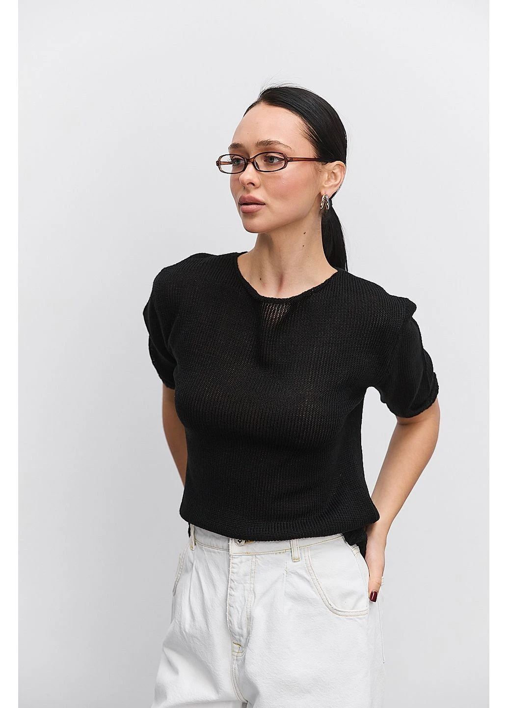 Жіноча вязана футболка oversize чорного кольору Arjen - (377717914)