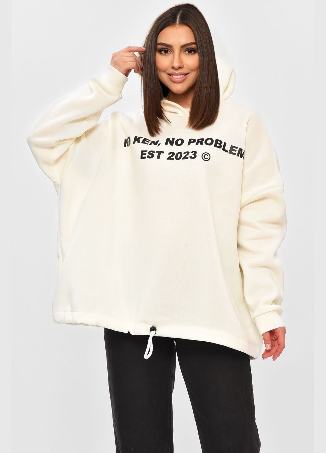 Молочный худи женское на флисе молочного цвета с надписью Let's Shop надпись без декора (335011452)