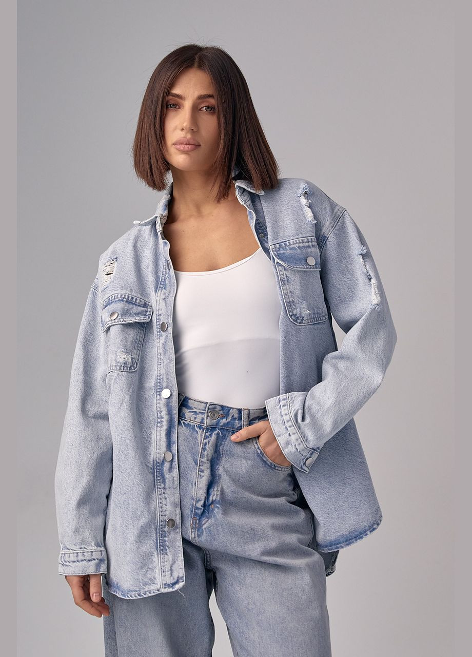 Синяя повседневный рубашка однотонная Liton с длинным рукавом