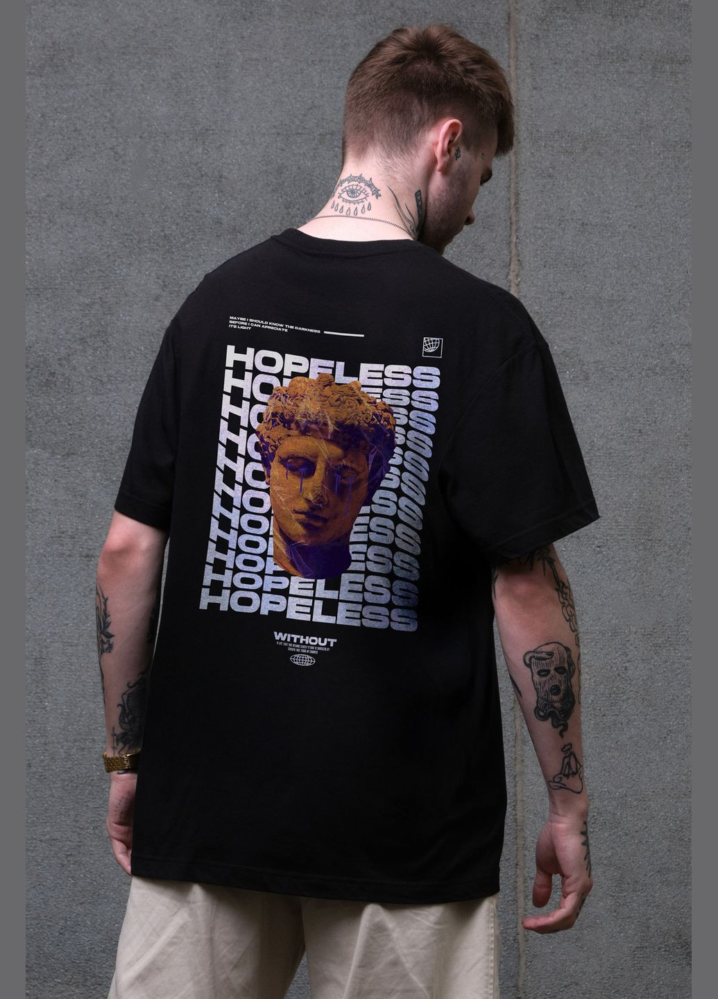 Черная мужская оверсайз футболка с принтом hopeless с длинным рукавом Without