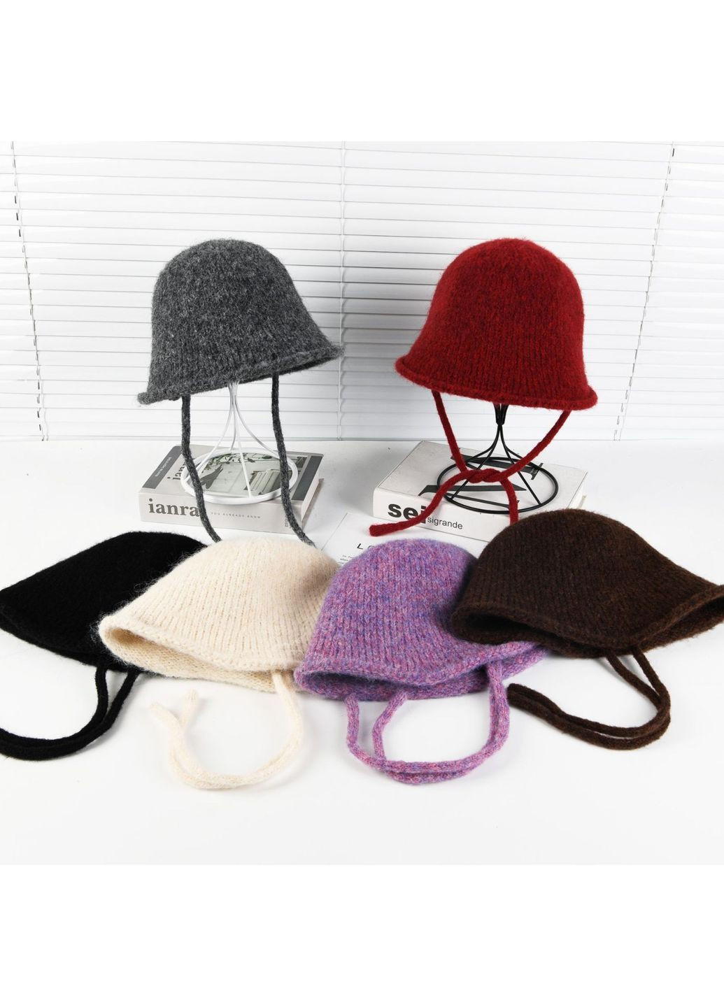 Женская Вязаная Шляпа из Шерсти и Акрила — Теплая Шапка-Бакет с Завязками No Brand в'язаний капелюх / шапка бакет (365301172)