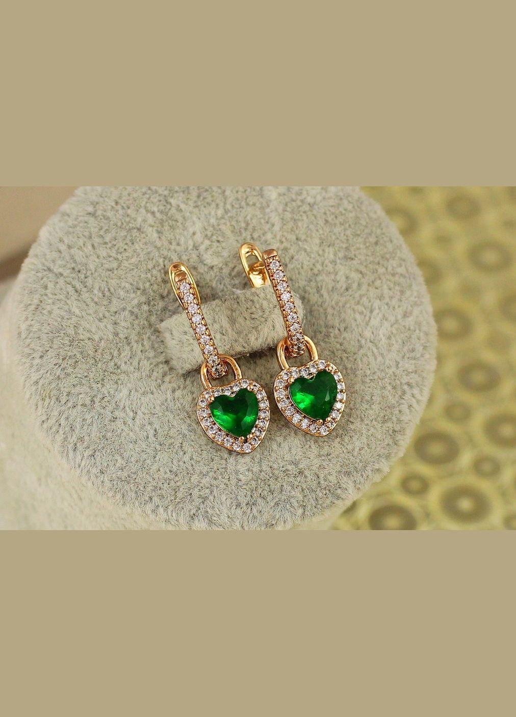 Сережки підвіски зйомне сердечко із зеленим каменем 2,5 см золотисті Xuping Jewelry (316433218)