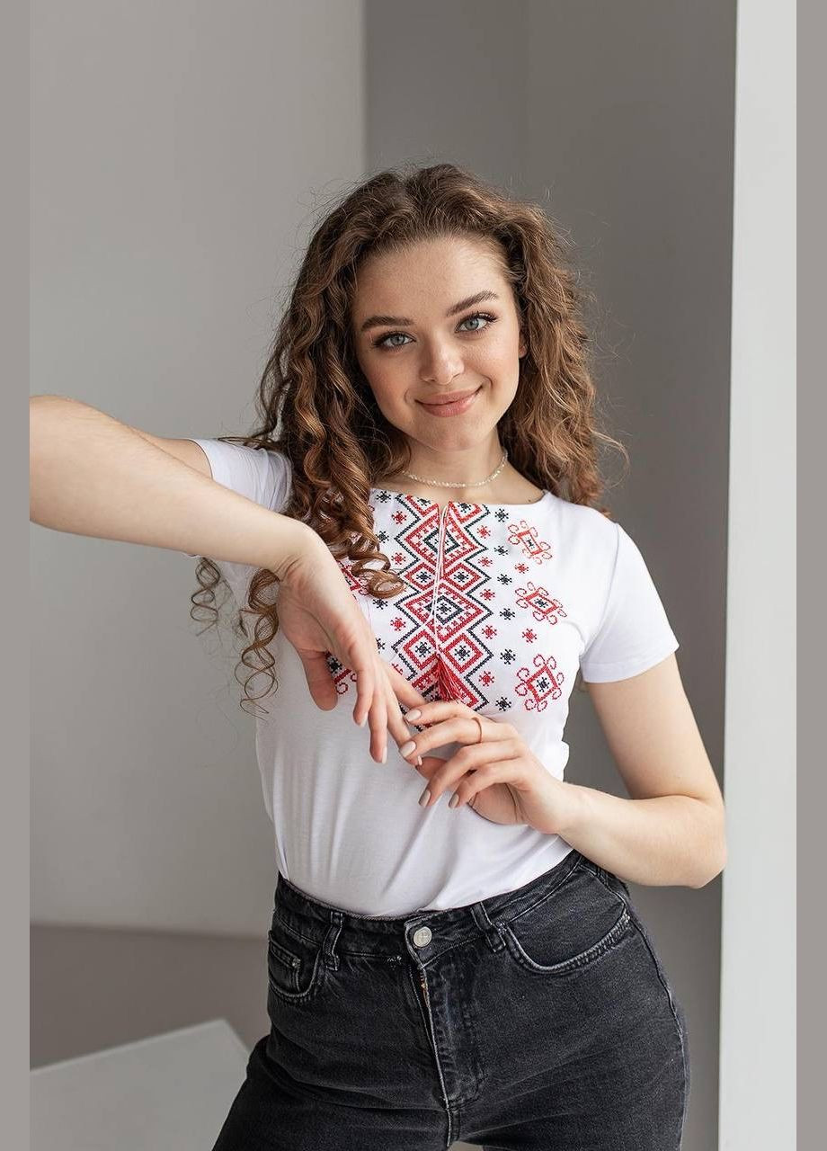 Футболка вишиванка Карпатський орнамент біла з червоним MEREZHKA — 303727495