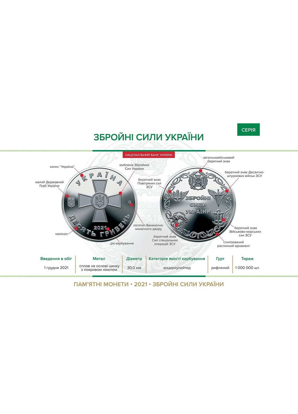 Памятная монета 10 гривен "Вооруженные Силы Украины" серии ВСУ 2021 года Національний Банк України (372735312)