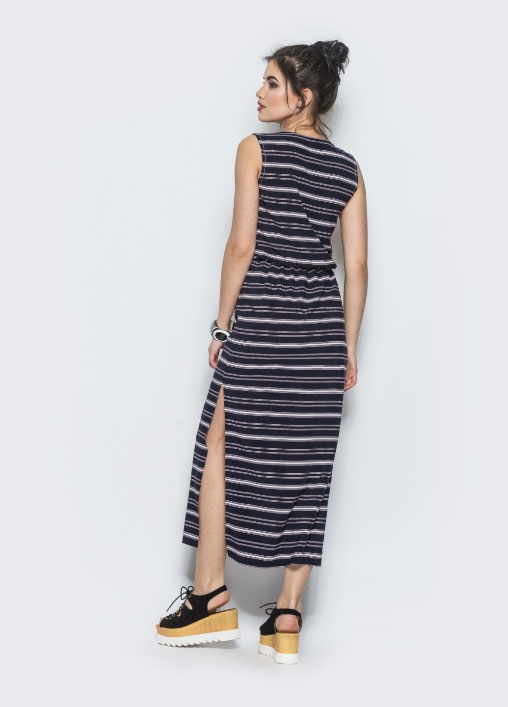 Темно-синя кежуал темно-синє сукня в горизонтальну смугу з високими розрізами сукня-майка Dressa