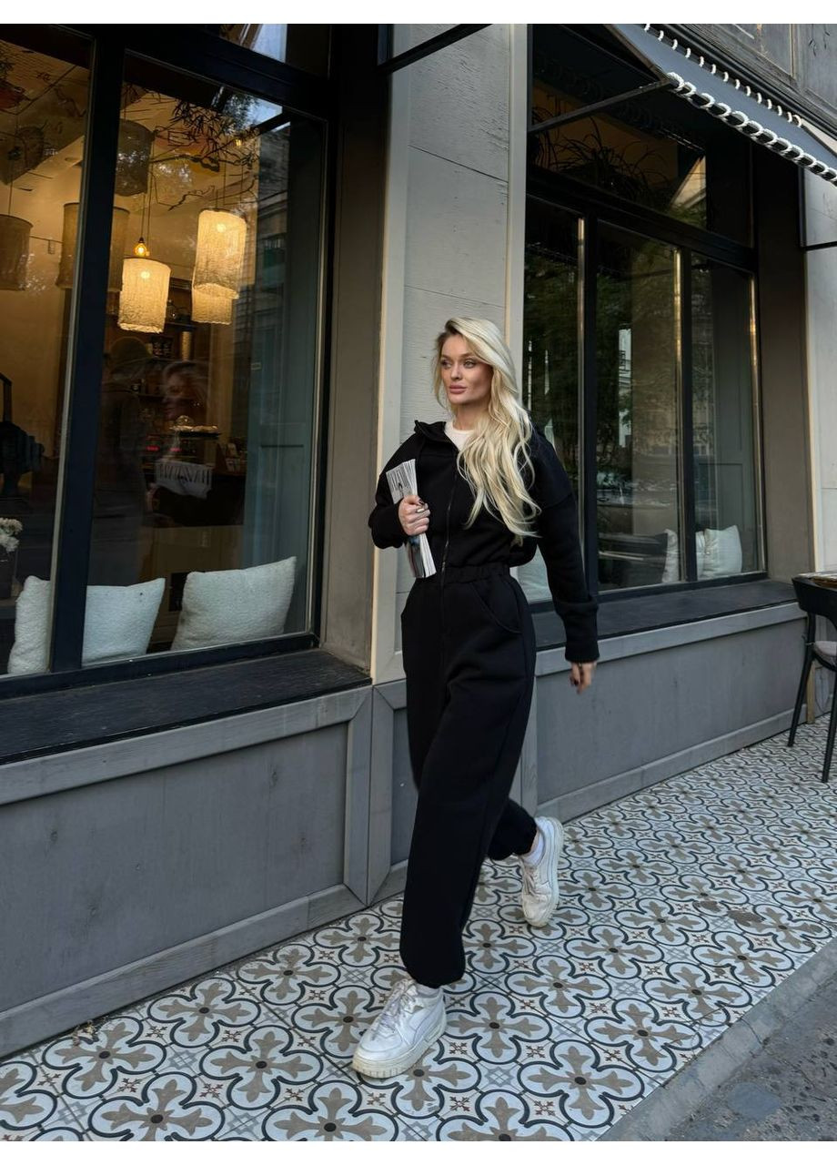 Женский стильный и практичный комбинезон. Україна комбинезон-брюки однотонный чёрный кэжуал трехнитка с начесом