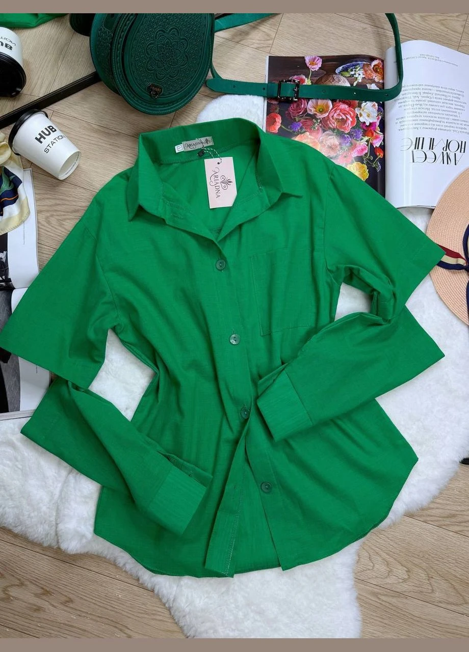 Зеленая кэжуал рубашка однотонная FINO Mode с длинным рукавом