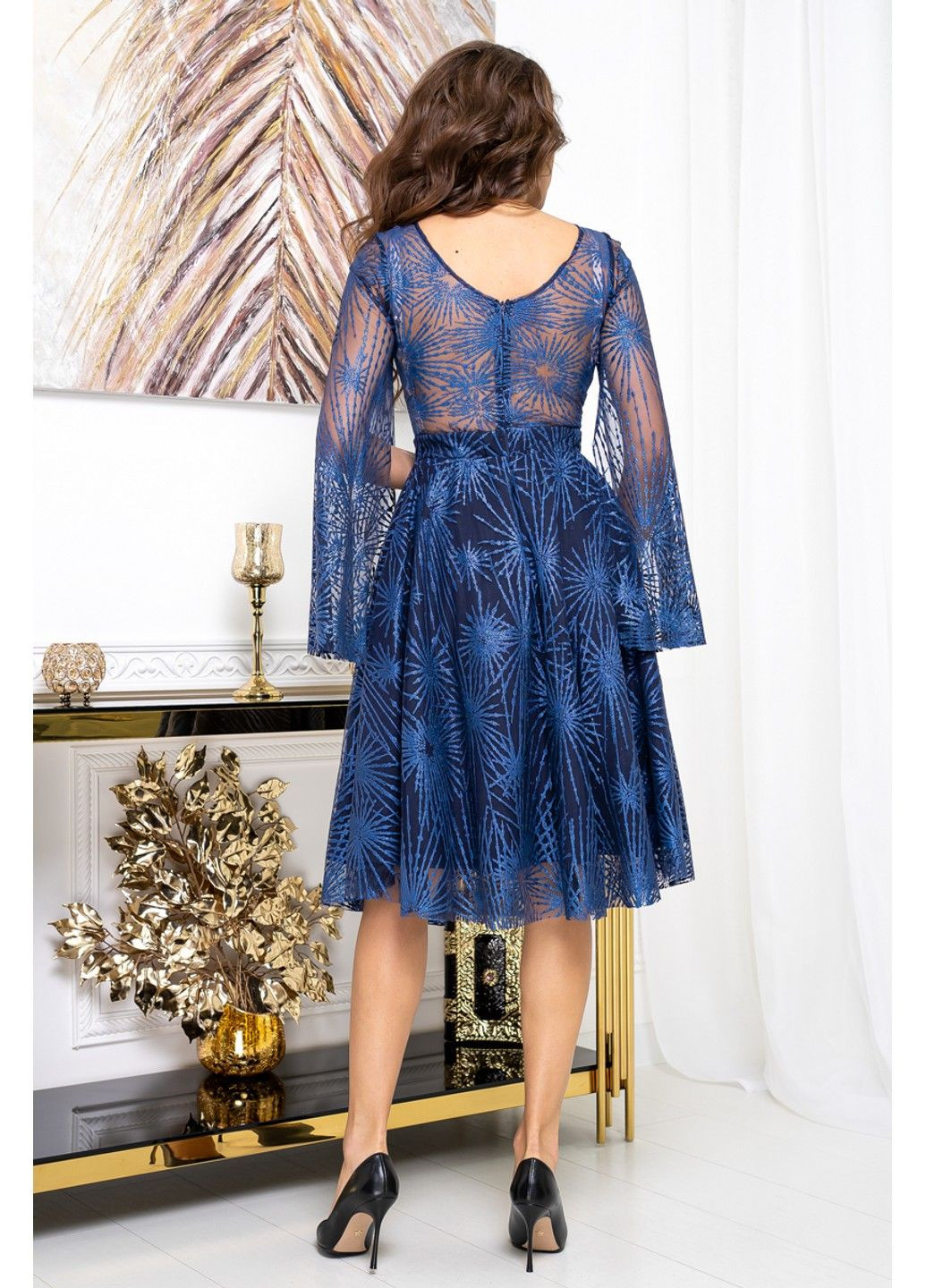 Темно-синее коктейльное платье сетка глиттер 20215 синее Tanita-Romario