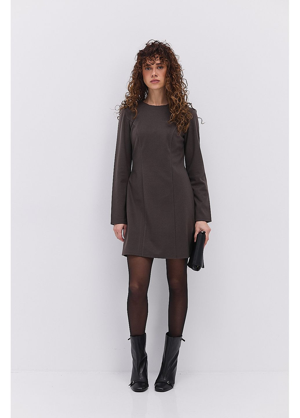 Темно-коричнева коротка зимова сукня з рельєфними швами Arjen