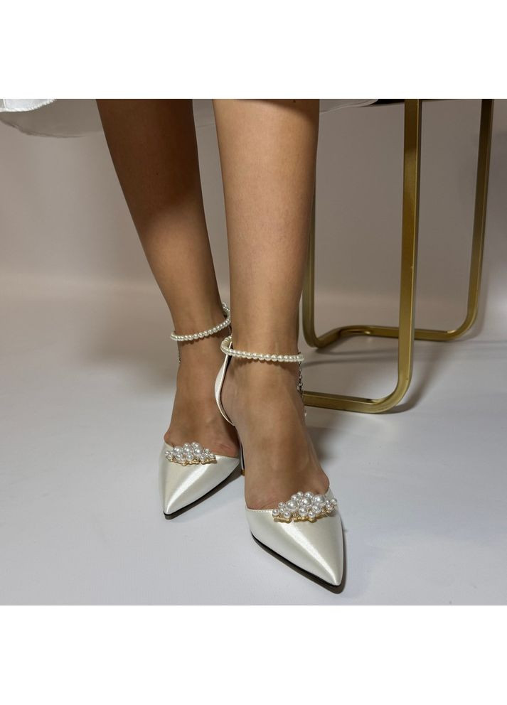 No Brand Женские туфли свадебные атласные и ремешком жемчуг и брошью 9 см белый з текстиль, — (351394441)