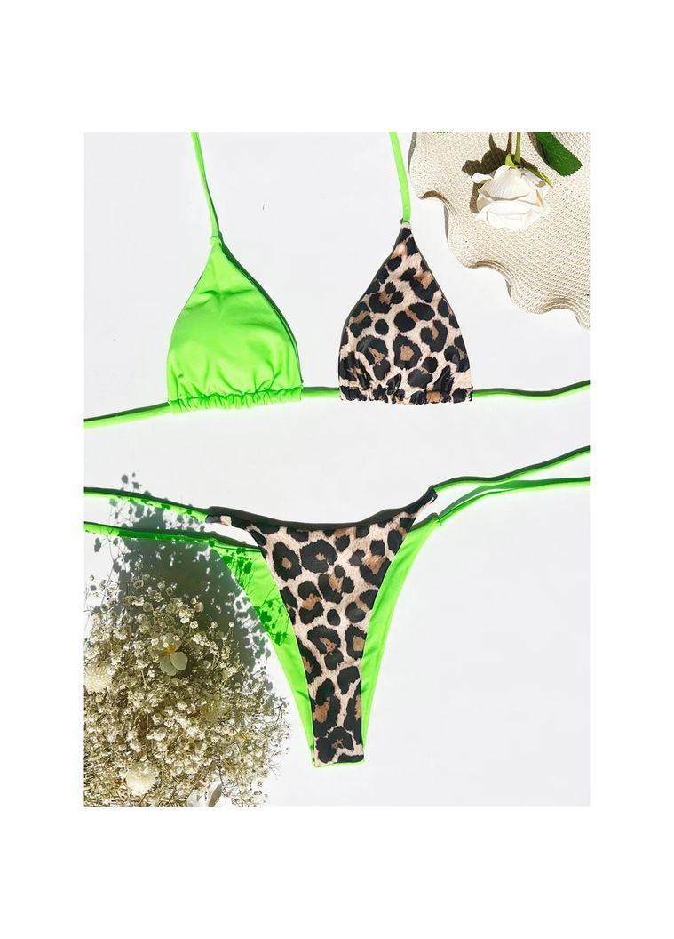 Салатовый летний женский раздельный купальник бикини с леопардовым принтом trendy черный No Brand