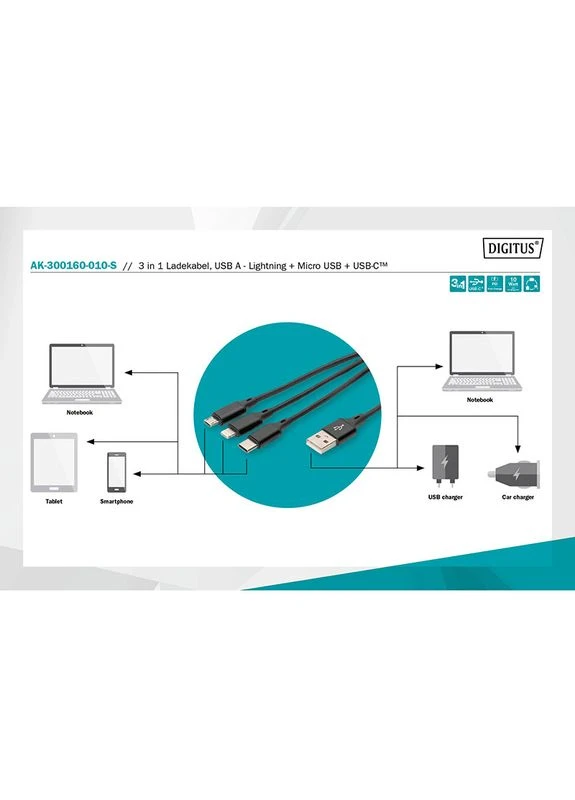 Кабель 3-in-1 Charger Cable 1 м Black (AK-300160-010-S) Digitus (322905023)