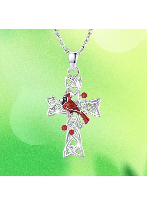 Сріблястий кулон на ланцюжку хрестик з кельтськими вузлами та птахом Червоний кардинал 1.2 см 45+5 см LuxAurum402 Liresmina Jewelry (350269685)