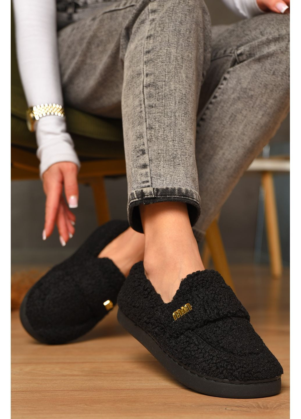 Черные домашние тапочки женские на меху черного цвета Let's Shop