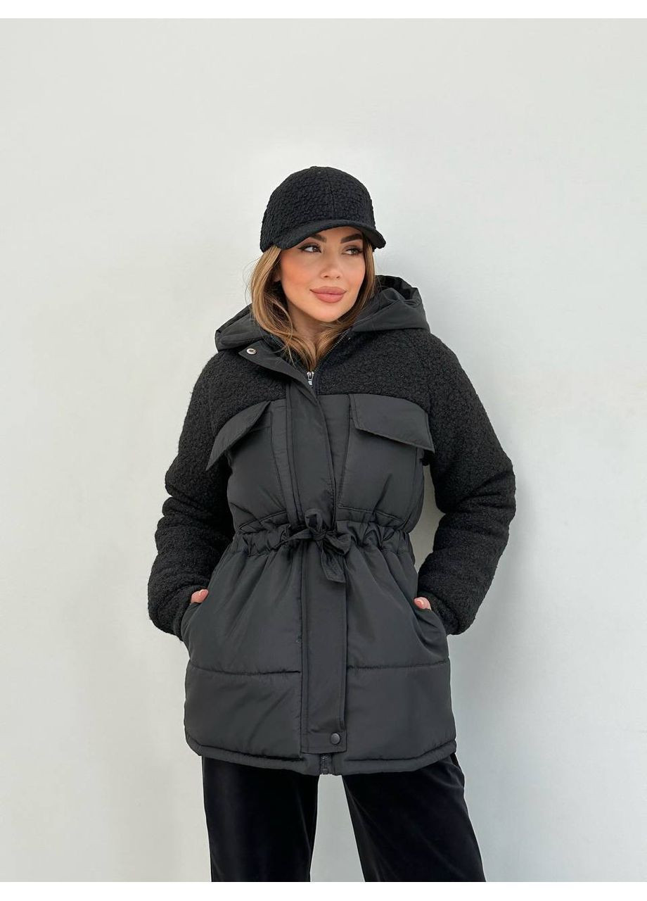 Чорна жіноча зимова куртка плащівка+баранчик Osoblyva