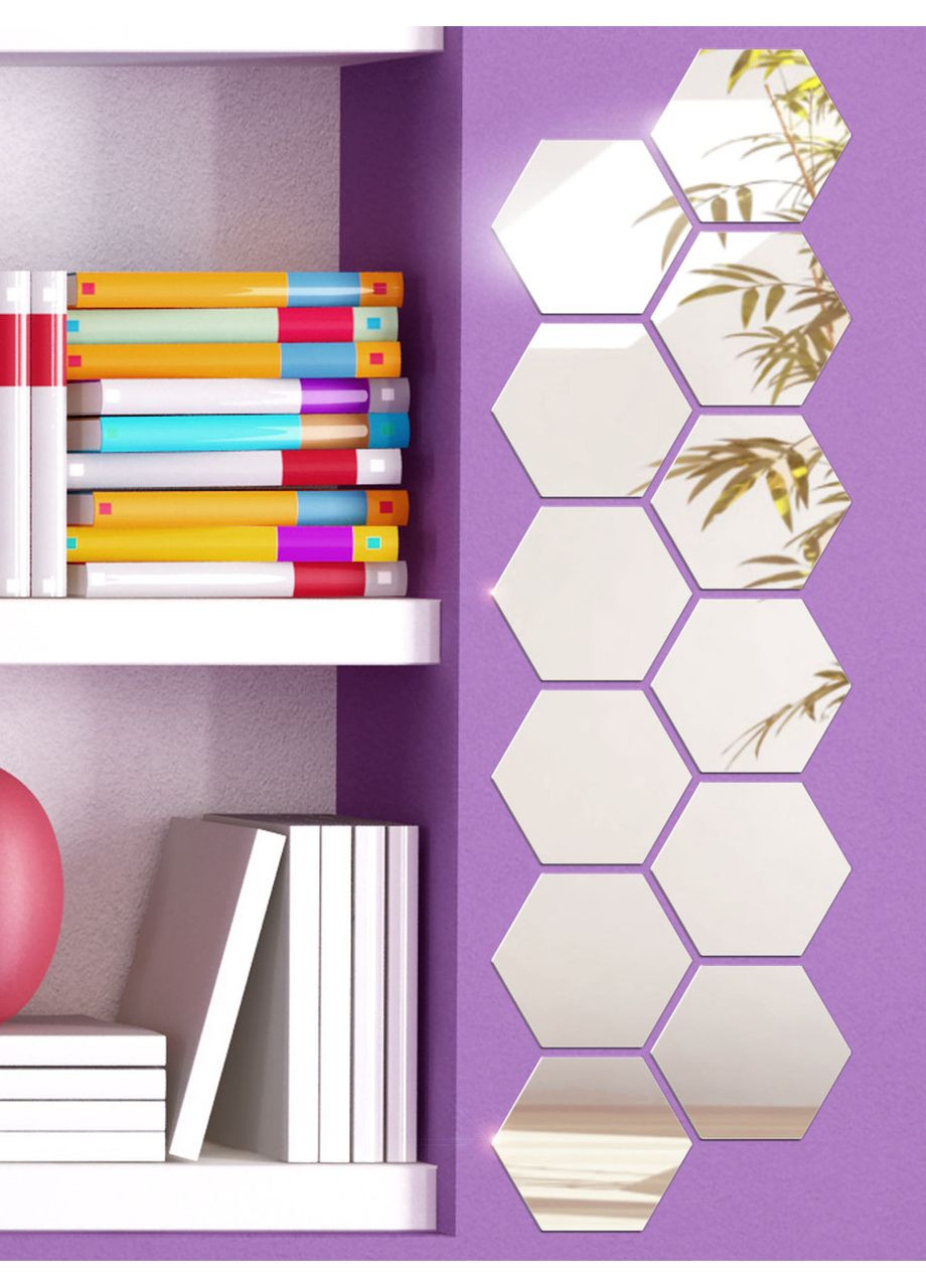 Інтер'єрні наклейки дзеркальні акрилові настінні Соти-127 12.7х11 см 12 шт. Срібло Ваша Світлість (366334601)