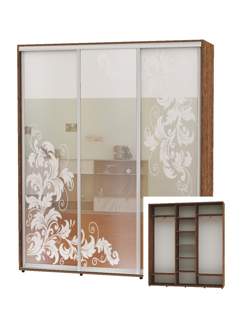 Шафа-купе тридверна 200*45*220 Дуб вінтаж Дзеркало з піскострумним малюнком ШК-04 Алекса (360440984)
