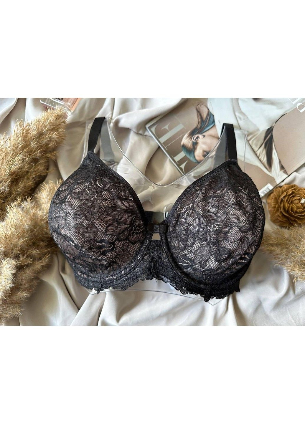 Чорний бюстгальтер на великі груди без поролону чорний з бежевим Lanny Mode