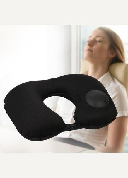 Дорожная надувная подушка подголовник на шею со встроенным насосом Чорная No Brand (306554765)