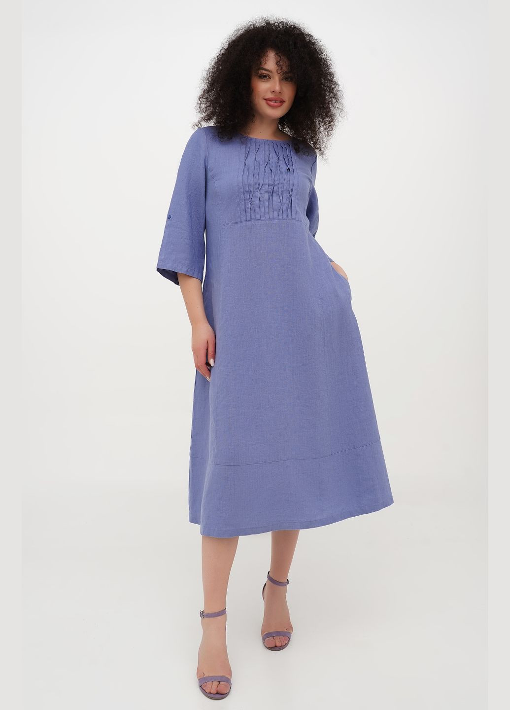 Блакитна лляна міді сукня для великих фігур зі складками однотонна індіра (plus size)., р., код 0456/56/998 ГАЛЕРЕЯ ЛЬОНУ