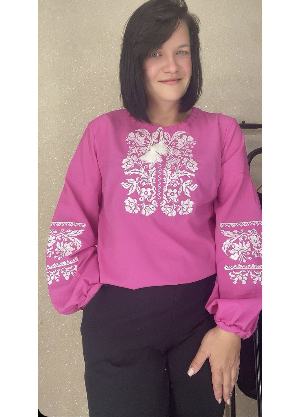 Рожева жіноча вишиванка НоКо вільна шифон (349507972)