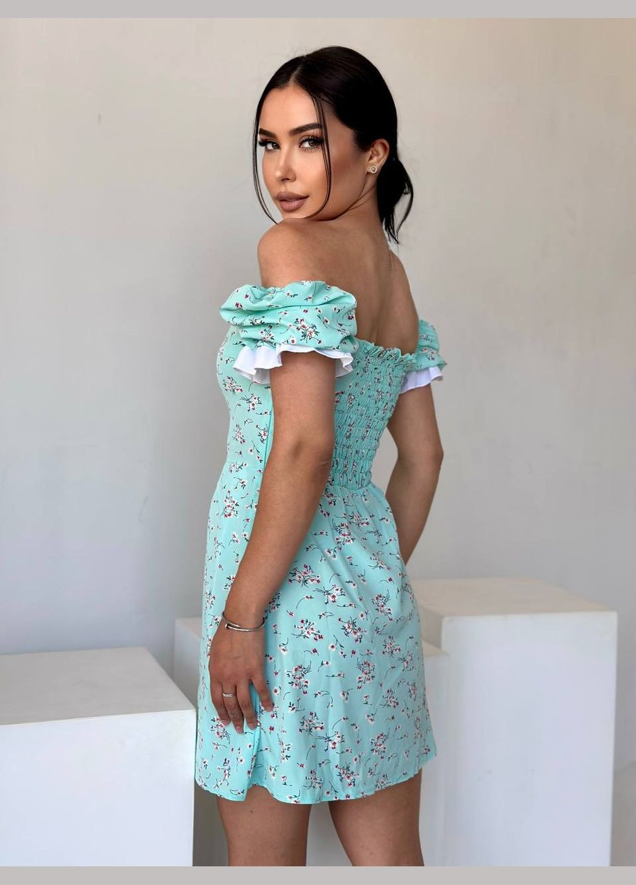 Бірюзова повсякденний жіноча сукня міні з розрізом у квітковий принт а-силует Україна з квітковим принтом