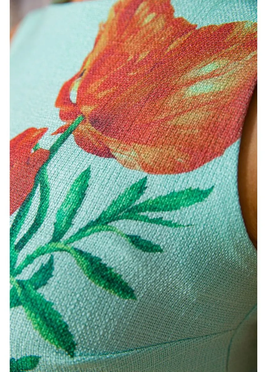 М'ятна коротка сукня з льону, з квітами маки, колір бузковий, 172r019-1 Ager