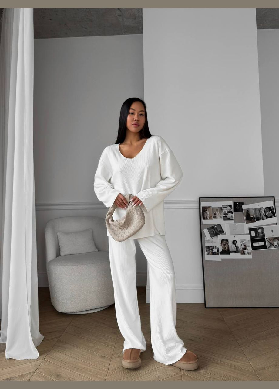 Повсякденний білий костюм із рубчика з начісом на м'якому флісі, стильний та затишний варіант для комфорту в прохолодну погоду No Brand 331 (317369280)