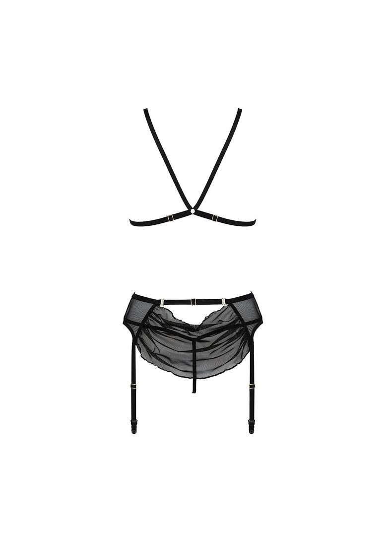 Комбінований демісезонний комплект з відкритим доступом deliena set xxl/xxxl black, ліф, стрінги, пояс для панчіх Passion
