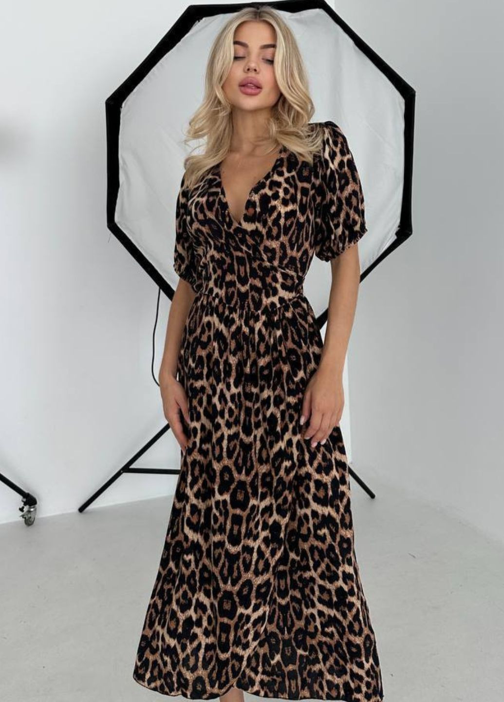 Комбінована кежуал вишукана легка літня вільна міді сукня на запах з леопардовим візерунком та короткими рукавами ліхтарик Tik-Tak леопардовий