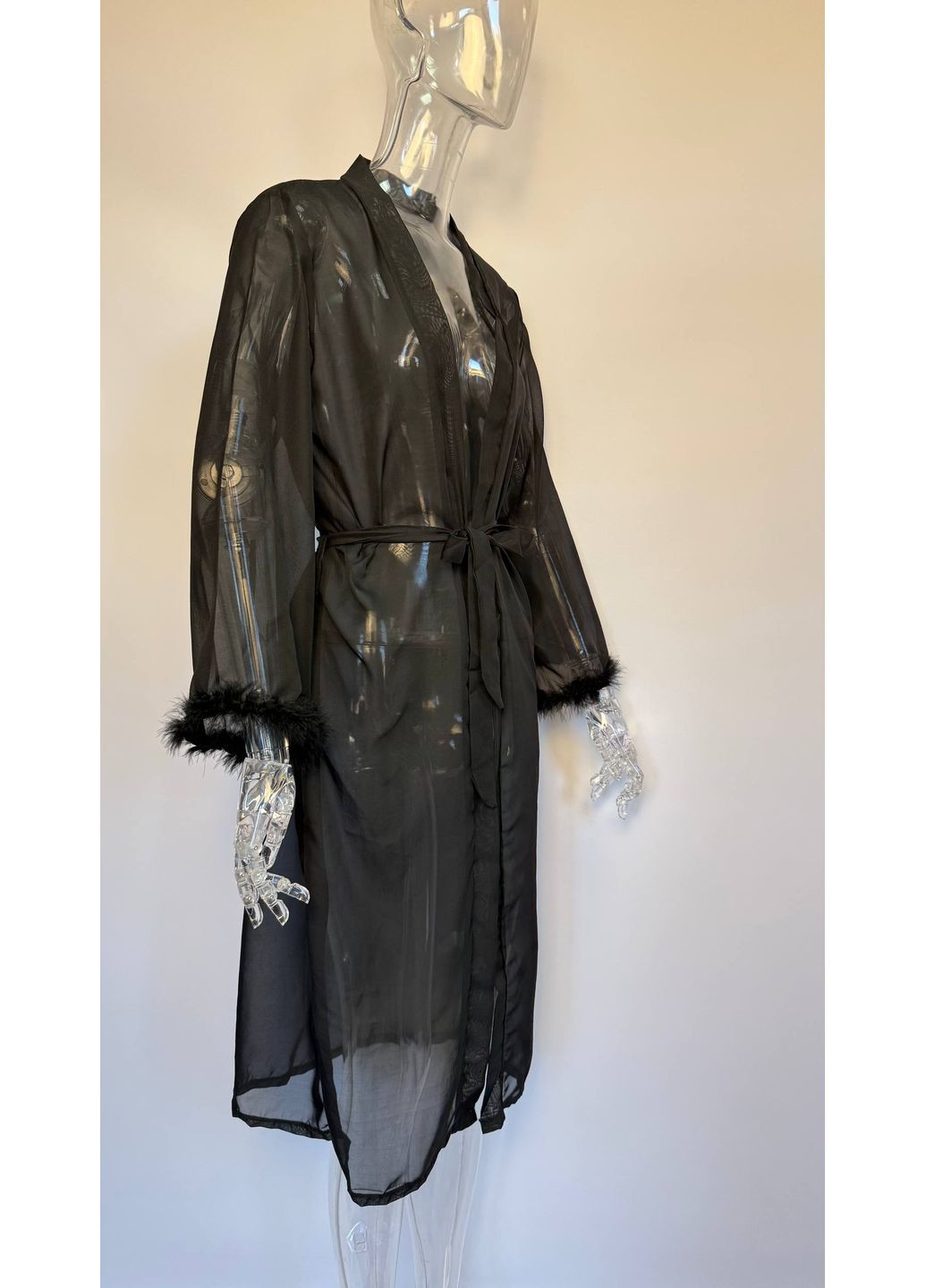 Пеньюар шифоновий довгий халат з пір'ям Valerie чорний No Brand Валері (315041039)