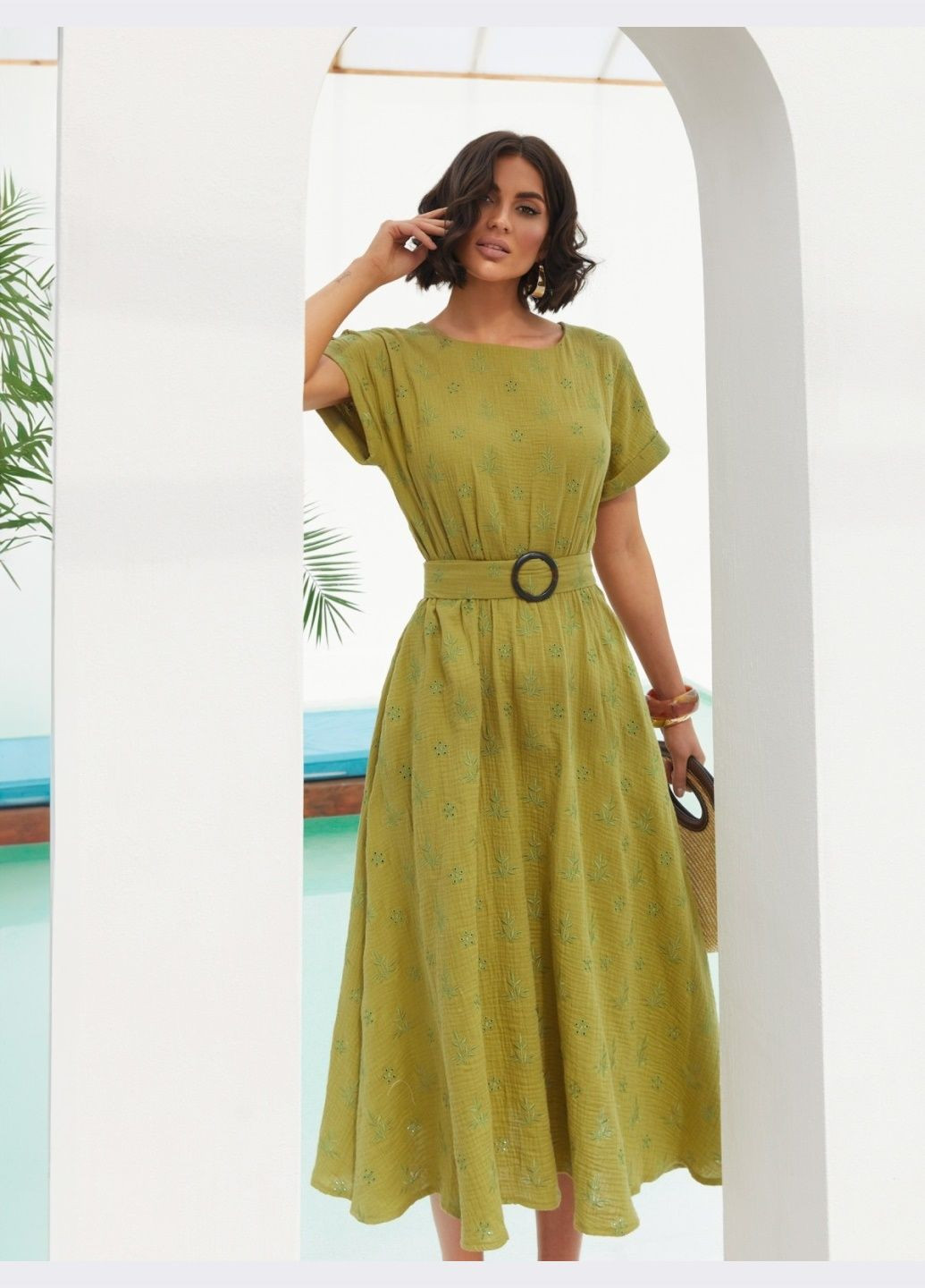 Горчичное кэжуал платье-миди горчичного цвета с поясом Dressa однотонное