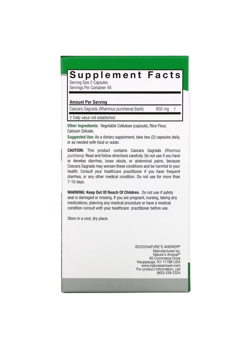 Каскара Саграда, 850 мг, Cascara Sagrada,, 90 вегетаріанських капсул Nature's Answer (322741290)