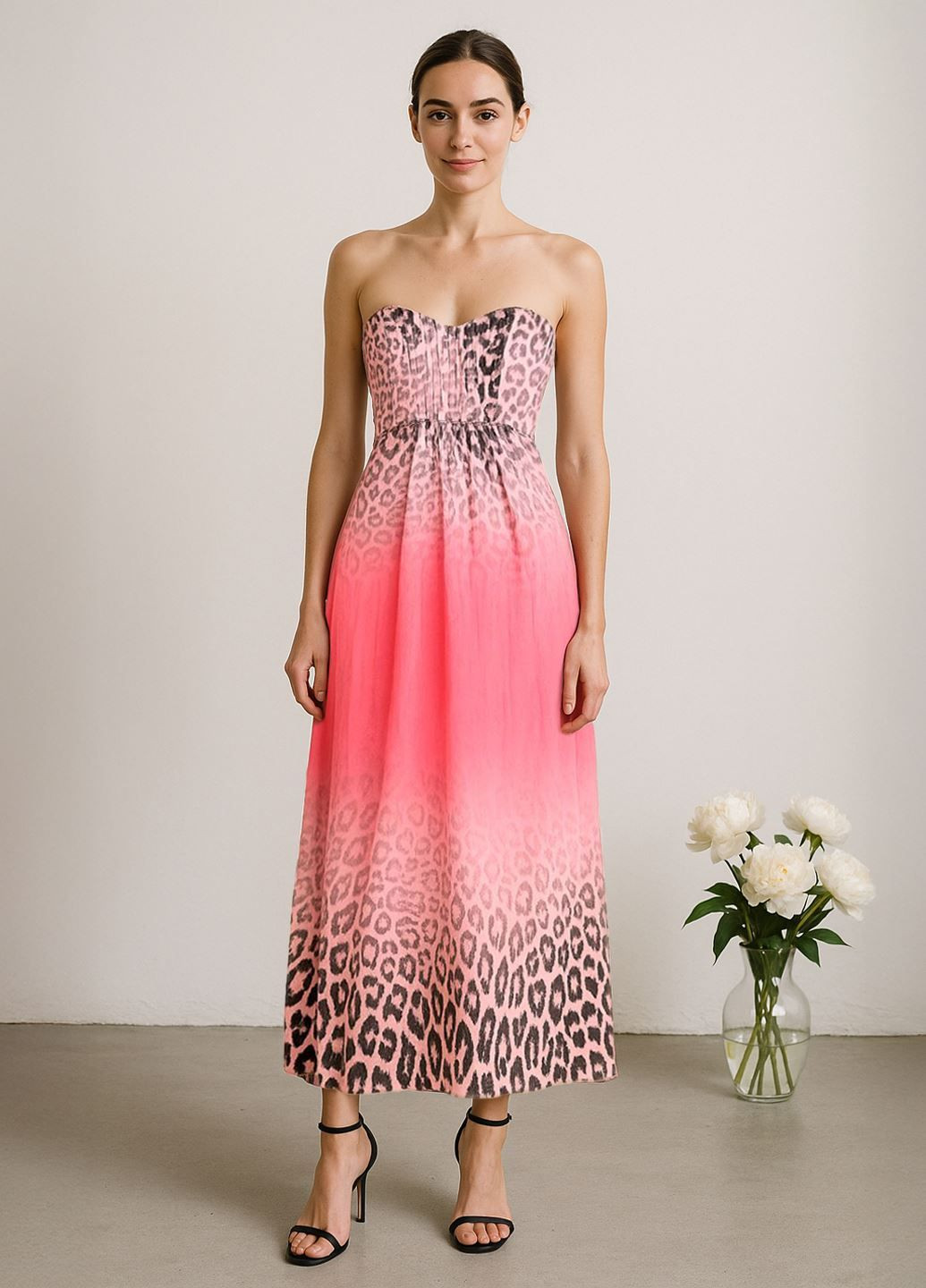 Рожева святковий, коктейльна, вечірня максі сукня кльош, з пишною спідницею, з відкритими плечима, а-силует Jane Norman з тваринним принтом