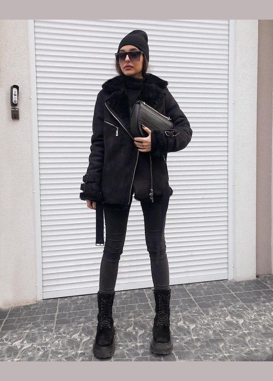 Дубленка авиатор черная эко-замш 70 см AL (292305106)