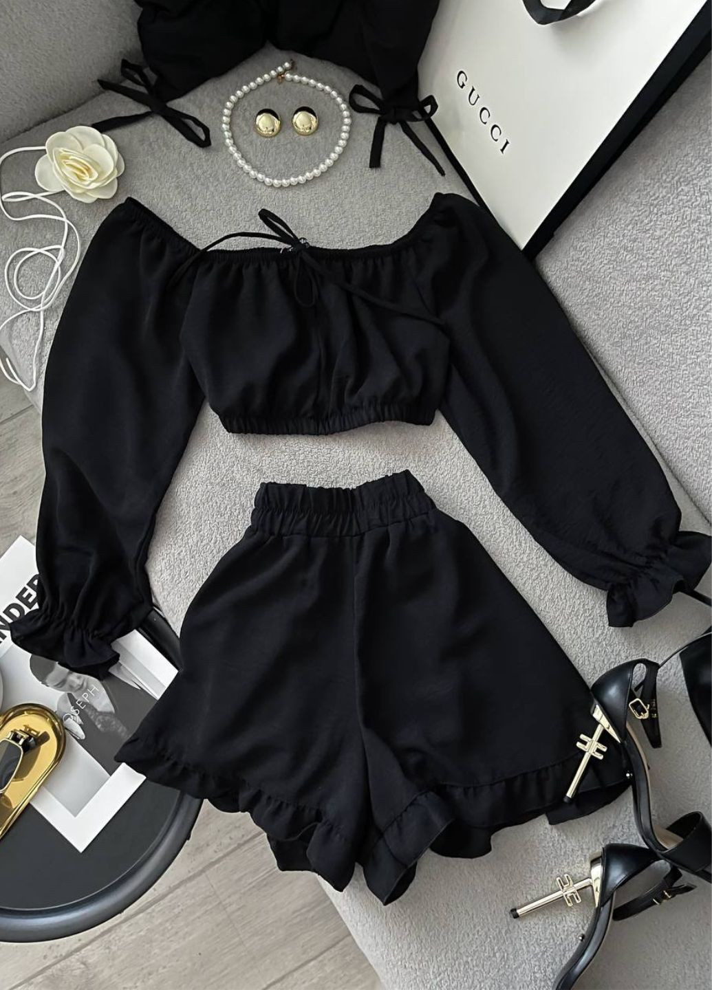 Вишуканий легкий літній костюм двійка з рюшами: топ + шорти Allthings (344448318)