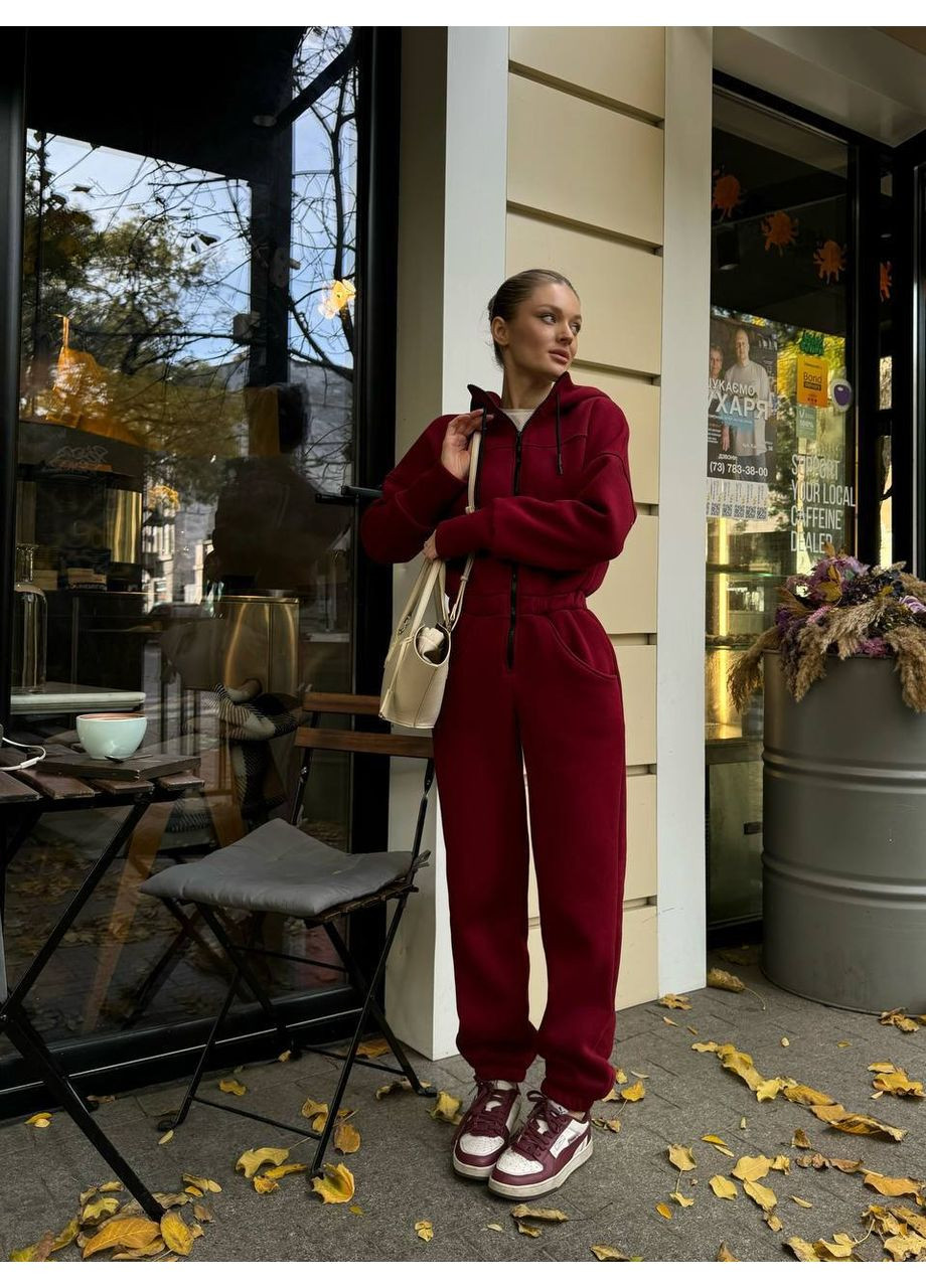 Теплий комбінезон з капюшоном Adelante комбінезон-брюки однотонний бордовий кежуал тринитка з начосом