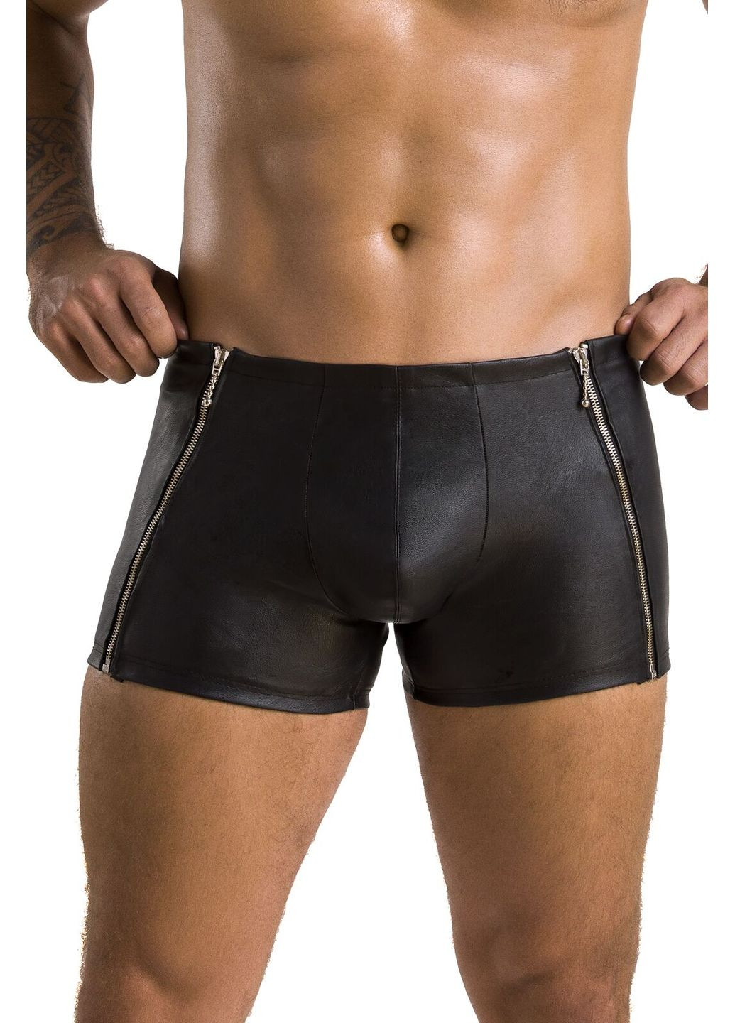 Мужские кожаные боксеры с молниями Short Matt, черные Passion (297587158)
