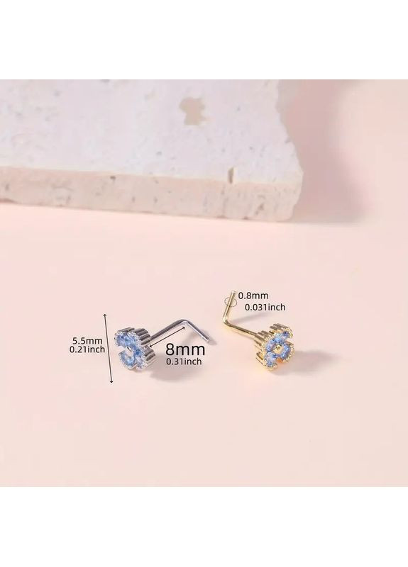 Сережка пірсинг носа золотиста чотирилистий квітка з блакитними кристалами 8 мм у формі L AurumLux009 Liresmina Jewelry (351355706)