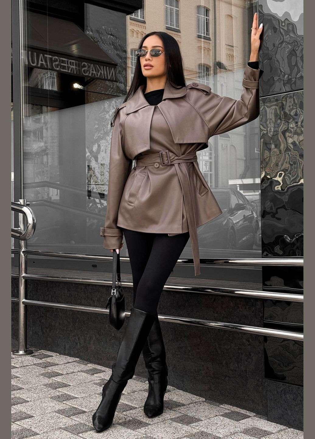 Стильный тренч из экокожи в мокко цвете Jadone Fashion тренчкот на пуговицах демисезон (303813943)