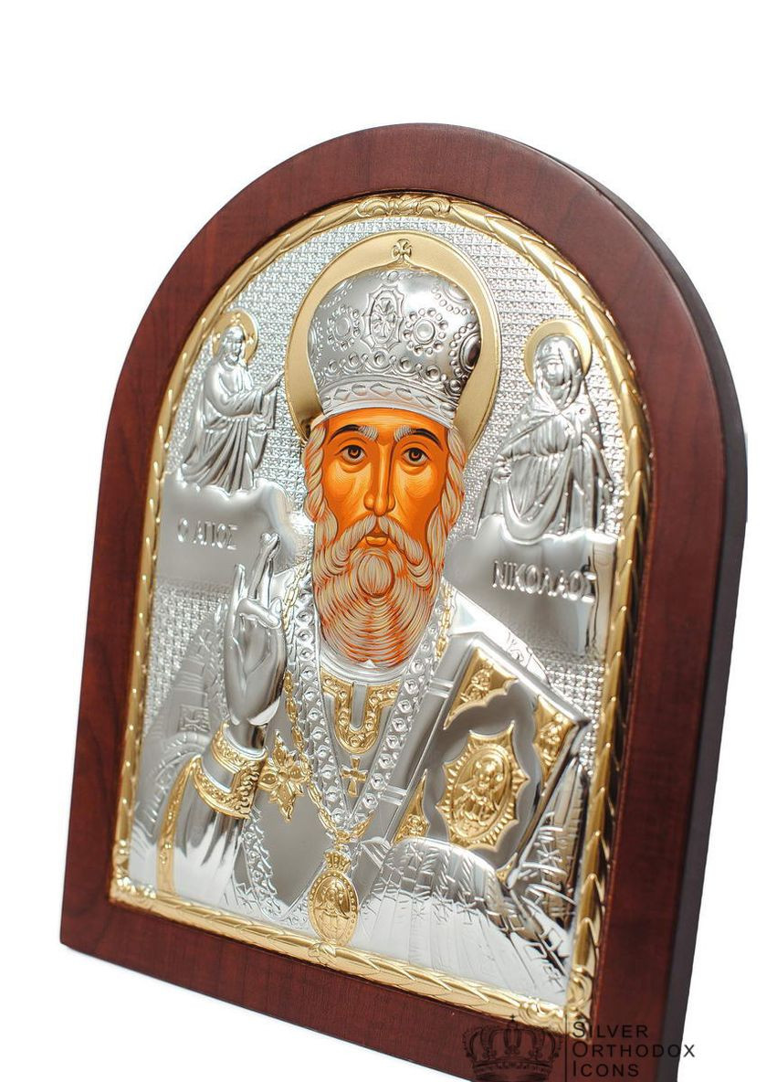 Серебряная Икона Николая Чудотворца 20х25см арочной формы на дереве Silver Axion (265446185)