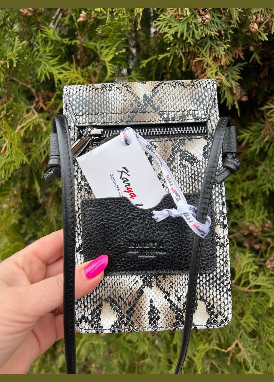 Женская сумка для телефона на плечо натуральная кожа Турция черная с коричневым змеиным принтом Karya (341322858)